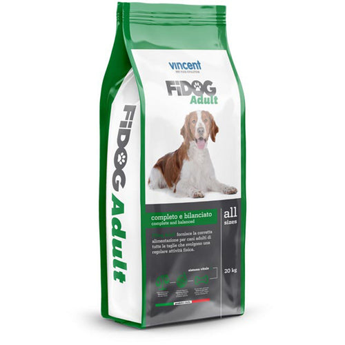 Crocchette Vincent per cani Fidog Adult 20 kg per cani attivi, a base di carne, verdure e cerali.