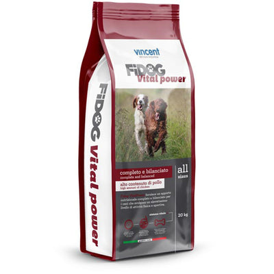 Crocchette Vincent per cani Fidog Vital Power 20 kg per cani da caccia o sportivi, a base di carne e verdure. e cerali