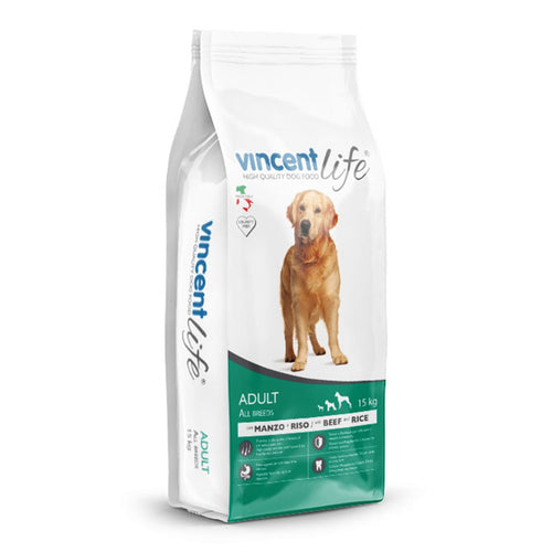 Crocchette Vincent Life Adult 15 kg per cani attivi a base di manzo, verdure e cerali