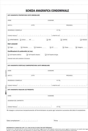 Modello richiesta dati anagrafici proprietario-affittuario - 2 copie - A4 - 29 x 21cm - Edipro Cancelleria e prodotti per ufficio/Archivio ufficio e accessori per scrivania/Modulistica e conservazione registri/Libri e registri contabili Eurocartuccia - Pavullo, Commerciovirtuoso.it