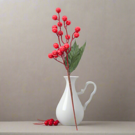 Rametto decorativo natalizio con bacche rosse e foglie decorazioni ambienti h 30 cm
