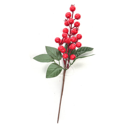 Rametto decorativo natalizio con bacche rosse e foglie decorazioni ambienti h 30 cm