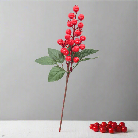 Rametto decorativo natalizio con bacche rosse e foglie decorazioni ambienti h 30 cm