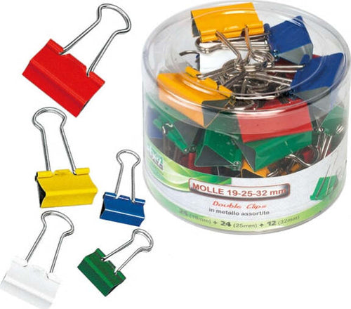 Molle Double Clips - metallo - misure e colori assortiti - Lebez - barattolo da 60 molle Cancelleria e prodotti per ufficio/Archivio ufficio e accessori per scrivania/Nastri colle elastici e graffette/Graffette molle fermacarte e anelli Eurocartuccia - Pavullo, Commerciovirtuoso.it
