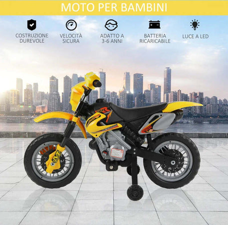 Moto-Cross-Elettrica-con-Rotelle-Giallo-per-Bambini-3-anni-e-più,-Batteria-6V-Velocità-2.5km/h,-102-x-53-x-66cm-WQ2301-043YLWQ2