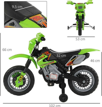 Moto-Cross-Elettrica-con-Rotelle-Verde-per-Bambini-3-anni-e-più,-Batteria-6V-Velocità-2.5km/h,-102-x-53-x-66cm-HJ6301-043GNHJ6