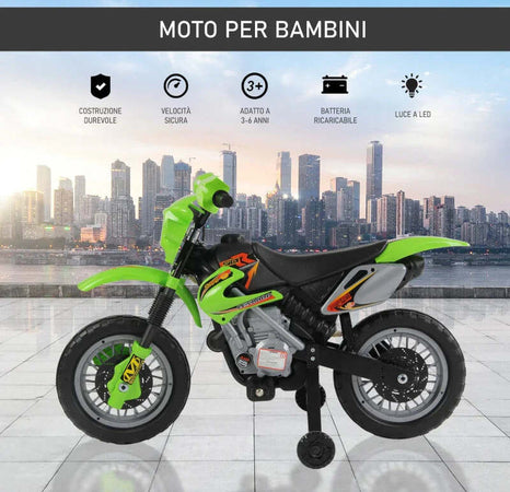 Moto-Cross-Elettrica-con-Rotelle-Verde-per-Bambini-3-anni-e-più,-Batteria-6V-Velocità-2.5km/h,-102-x-53-x-66cm-HJ6301-043GNHJ6