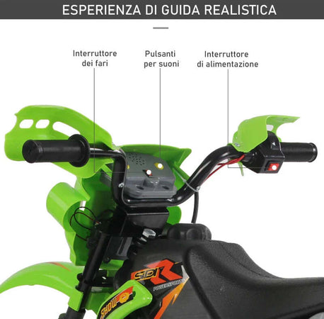 Moto-Cross-Elettrica-con-Rotelle-Verde-per-Bambini-3-anni-e-più,-Batteria-6V-Velocità-2.5km/h,-102-x-53-x-66cm-HJ6301-043GNHJ6