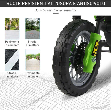 Moto-Cross-Elettrica-con-Rotelle-Verde-per-Bambini-3-anni-e-più,-Batteria-6V-Velocità-2.5km/h,-102-x-53-x-66cm-HJ6301-043GNHJ6