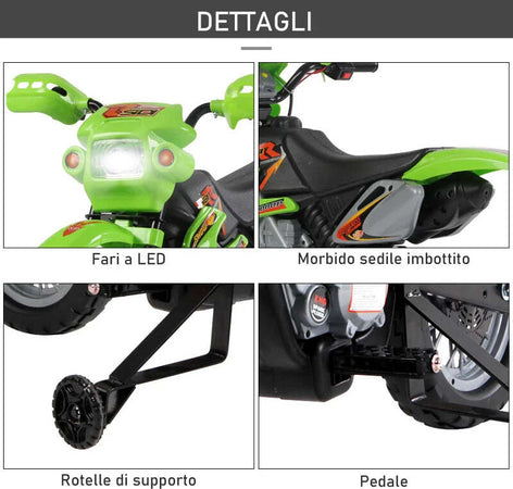 Moto-Cross-Elettrica-con-Rotelle-Verde-per-Bambini-3-anni-e-più,-Batteria-6V-Velocità-2.5km/h,-102-x-53-x-66cm-HJ6301-043GNHJ6