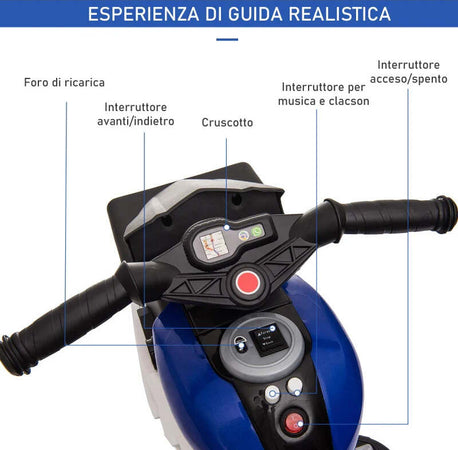 Moto-Elettrica-per-Bambini-3-5-Anni-6V-(max.-25kg),-Velocità-3km/h,-con-3-Ruote,-Luci-e-Suoni,-Blu-e-Nero,-86x42x52cm-KJ4370-102BUKJ4