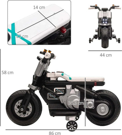 Moto-Elettrica-per-Bambini-3-5-Anni-in-PP-e-Metallo-con-Rotelle,-Clacson-e-Musica,-86x44x58-cm,-Bianca-e-Nera-SP6370-253V90WTSP6