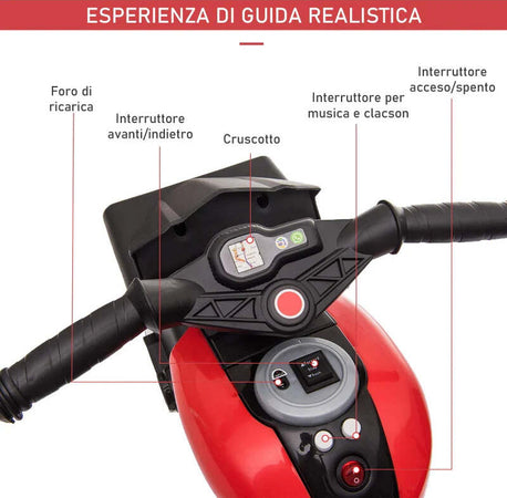 Moto-Elettrica-per-Bambini-3-5-Anni-(max.-25kg)-con-3-Ruote,-Luci-e-Suoni,-Batteria-6V,-Rosso,-86x42x52cm-GF6370-102RDGF6