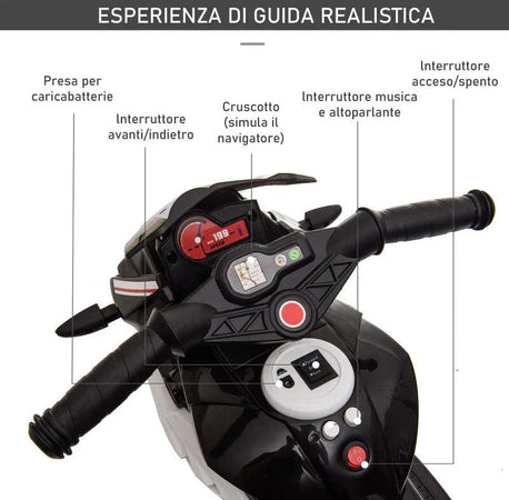 Moto-Elettrica-per-Bambini-3-5-Anni-Max.-25kg-con-Luci,-Musica,-Batteria-6V-e-Velocità-3km/h,-86cmx42cmx52cm-Nera-DF4370-103V90BKDF4