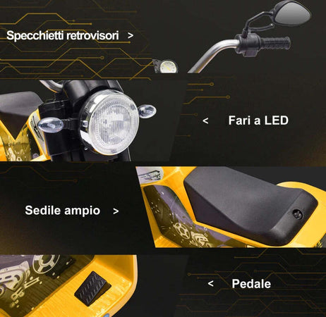 Moto-Elettrica-per-Bambini-a-3-Ruote-con-Luci-e-Suoni,-Batteria-Ricaricabile-6V,-Velocità-2-km/h,-per-Bimbi-da-18-36-Mesi,-72cmx57cmx56cm-Gialla-AL6370-188V90YLAL6