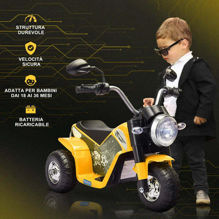 Moto-Elettrica-per-Bambini-a-3-Ruote-con-Luci-e-Suoni,-Batteria-Ricaricabile-6V,-Velocità-2-km/h,-per-Bimbi-da-18-36-Mesi,-72cmx57cmx56cm-Gialla-AL6370-188V90YLAL6