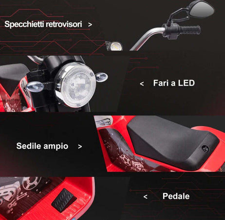 Moto-Elettrica-per-Bambini-a-3-Ruote-con-Luci-e-Suoni,-Batteria-Ricaricabile-6V,-Velocità-2-km/h,-per-Bimbi-da-18-36-Mesi,-72x57x56cm-Rossa-DP7370-188V90RDDP7