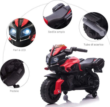 Moto-Elettrica-per-Bambini-con-Fari-e-Clacson,-Batteria-6V-Velocità-3km/h,-Età-18-48-Mesi,-88.5x42.5x49cm,-Rosso-GB7370-159V90RDGB7