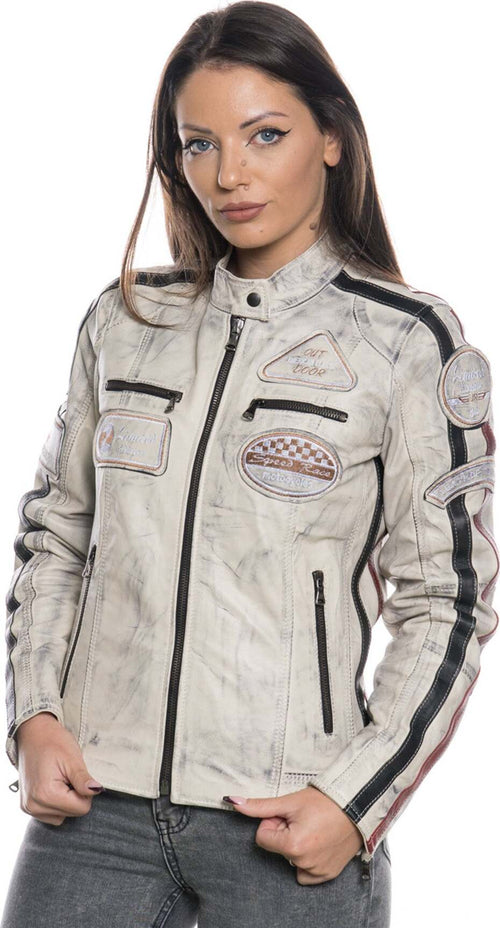 Motociclista-Donna---Biker-Donna-Avorio-Tamponato-in-vera-pelle