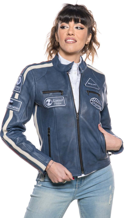 Motociclista-Donna---Biker-Donna-Blu-Tamponato-in-vera-pelle