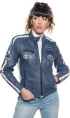 Motociclista-Donna---Biker-Donna-Blu-Tamponato-in-vera-pelle