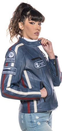 Motociclista-Donna---Biker-Donna-Blu-Tamponato-in-vera-pelle