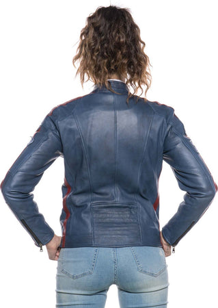Motociclista-Donna---Biker-Donna-Blu-Tamponato-in-vera-pelle
