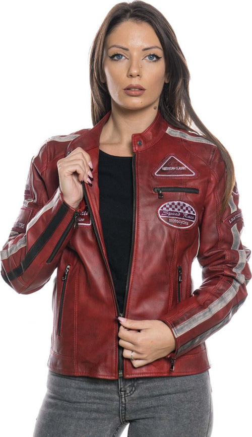 Motociclista-Donna---Biker-Donna-Bordeaux-Tamponato-in-vera-pelle