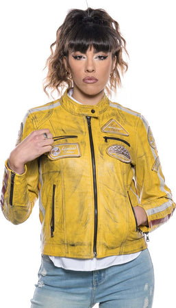 Motociclista-Donna---Biker-Donna-Giallo-Tamponato-in-vera-pelle