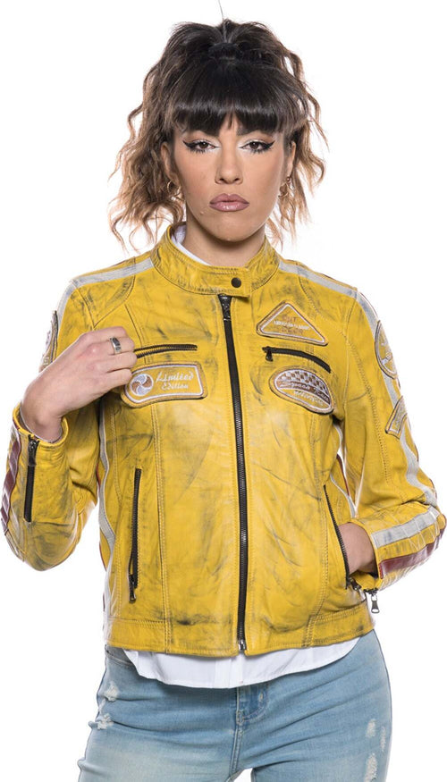 Motociclista-Donna---Biker-Donna-Giallo-Tamponato-in-vera-pelle