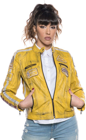 Motociclista-Donna---Biker-Donna-Giallo-Tamponato-in-vera-pelle