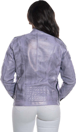 Motociclista-Donna---Biker-Donna-Lilla-Tamponato-in-vera-pelle