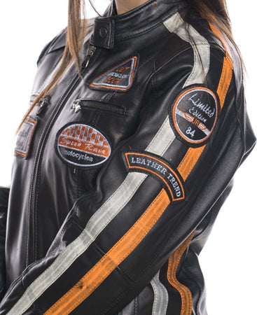 Motociclista-Donna---Biker-Donna-Nero-Tamponato-in-vera-pelle