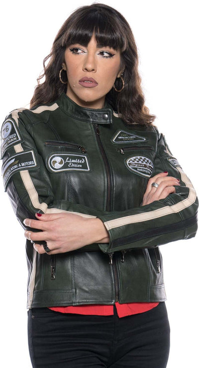 Motociclista-Donna---Biker-Donna-Verde-Bis-Tamponato-in-vera-pelle