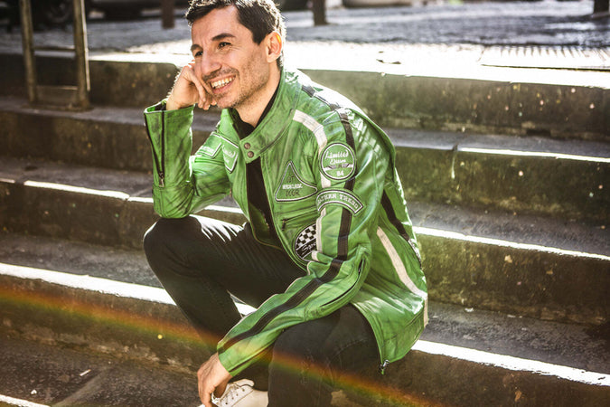 Motociclista-Uomo---Biker-Uomo-Verde-Kawasaki-in-vera-pelle