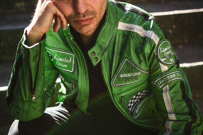 Motociclista-Uomo---Biker-Uomo-Verde-Kawasaki-in-vera-pelle