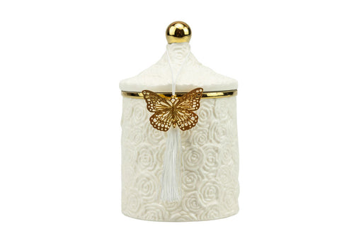 Scatola porcellana bianca grande con decalco rose con candela profumata Matrimonio