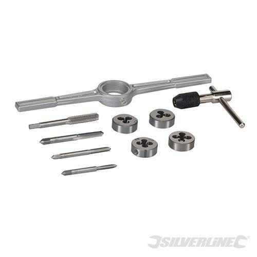 Filiera set metrico 10 pezzi 4,5,6,e 8mm in acciaio con chiave a T Silverline Silverline