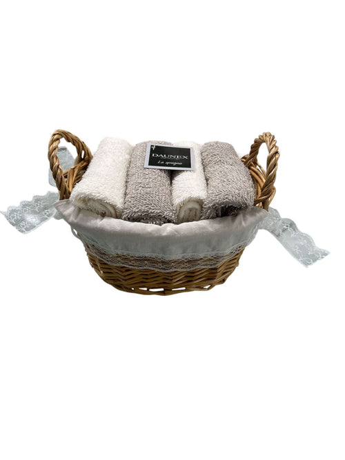 Set lavette Daunex Cottage 30x30 in spugna di cotone con cestino stile country chic, accessorio bagno elegante.
