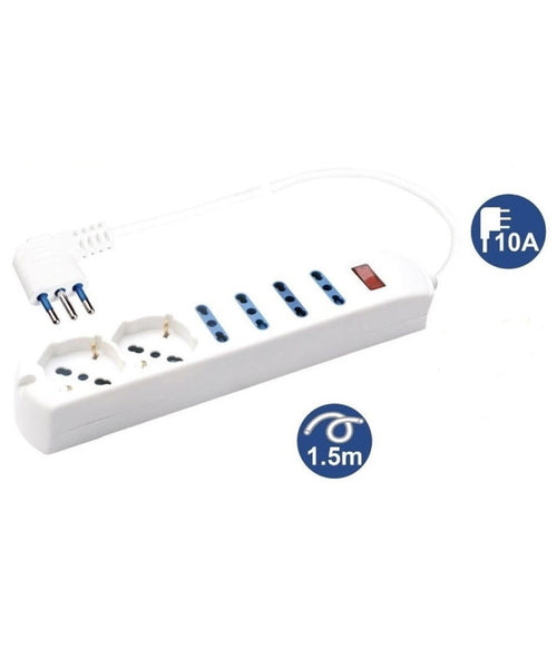 Multipresa 2 Prese Universali + 4 Bipasso 10/16a Spina 10a Cavo 1.5 Metri 80084