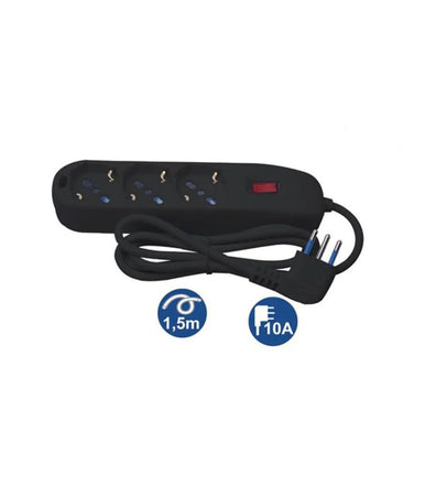 Multipresa 3 Uscite Universali Schuko Spina 10a Cavo 1.5 Mt Nero Ciabatta 80100n