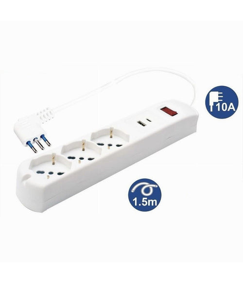 Multipresa 5 In 1 Usb A + C + 3 Prese Per Schuko / Bipasso / Eu Cavo 1.5mt 80081