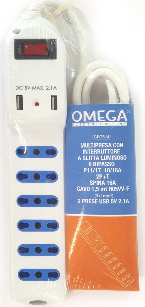 Multipresa 6 Prese Bipasso 10/16A 2P+T + 2 Prese Usb Output 5V 2.1A, Cavo 1,5Mt H05Vv-F 3Gx1Mm, Spina S17 16A 2P+T Con Interruttore Luminoso, Attacco A Parete E Protezione Da Sovraccarico Fai da te/Materiale elettrico/Multiprese Non solo alimenti - Albano Laziale, Commerciovirtuoso.it