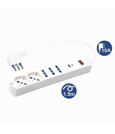 Multipresa 7 In 1 Usb A + C + 3 Prese Per Bipasso + 2 Schuko/eu Cavo 1,5mt 80080