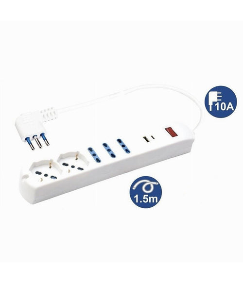 Multipresa 7 In 1 Usb A + C + 3 Prese Per Bipasso + 2 Schuko/eu Cavo 1,5mt 80080