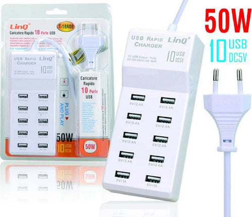Multipresa Caricatore Rapido 50 Watt A 10 Porte Usb Dc5v T-10a08 Per Smartphone Fai da te/Materiale elettrico/Multiprese Trade Shop italia - Napoli, Commerciovirtuoso.it