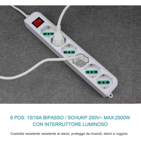 Multipresa Ciabatta Elettrica A 6 Posti Con Protezione Sovraccarico 250v 2500w