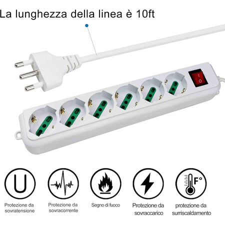Multipresa Ciabatta Elettrica A 6 Posti Con Protezione Sovraccarico 250v 2500w