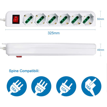 Multipresa Ciabatta Elettrica A 6 Posti Con Protezione Sovraccarico 250v 2500w