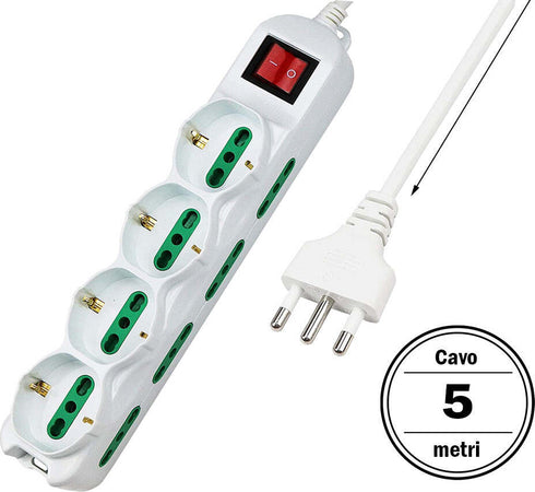 Multipresa-Ciabatta-Elettrica-Cavo-5M-Con-12-Posti-4-Prese-Schuko-10/16A-+-8-Prese-Bipasso-2P+T-10/16A-Interruttore-Extrastar